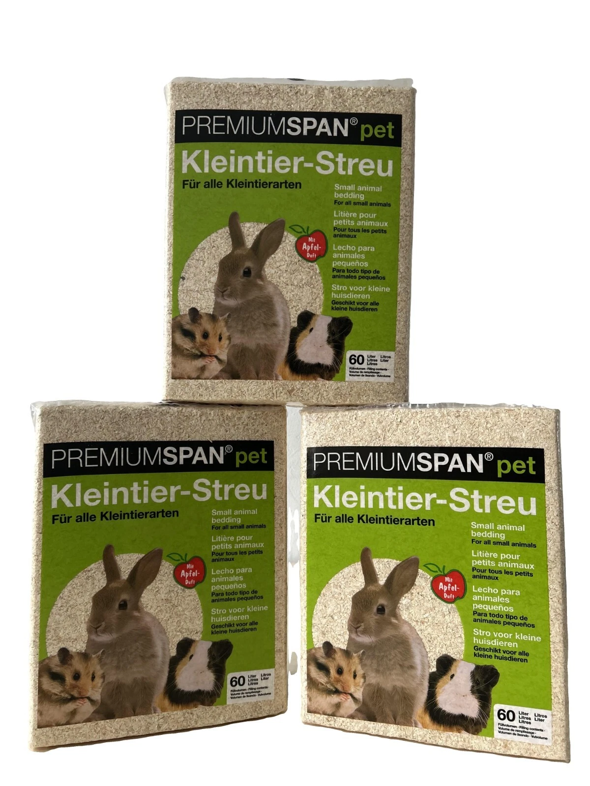 3x 60L PREMIUMSPAN Kleintierstreu Apfel staubarm saugstark geruchsbindend